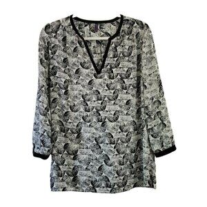 NYDJ Womens Blouse Small Black White Henley Tunic Top‎ Print 3/4 Sleeve V-Neck